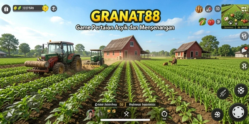 Tampilan gameplay GRANAT88 dengan kebun yang indah dan tanaman subur.