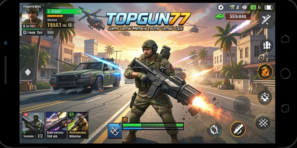 Tampilan gameplay seru dalam TOPGUN77 yang penuh warna.
